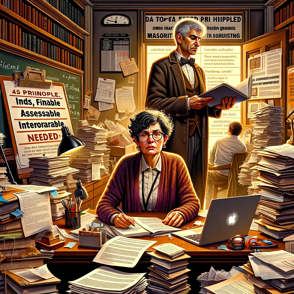 In a university setting, a woman professor and a man professor, are depicted in a dynamic and detailed scene that embodies the multifaceted nature of academic life. The woman is seen sitting at a cluttered desk, surrounded by piles of papers and books, grading assignments and looking exasperated. Beside her, a laptop displays an email about another meeting. The man is standing, holding a stack of documents, looking at a poster on the wall that explains the FAIR principles (Findable, Accessible, Interoperable, and Reusable) for making research data public. The background is filled with elements that suggest a busy academic environment: a chalkboard filled with notes, a clock showing a late hour, and a door slightly ajar with a 'Data Steward Needed' sign hanging on it. The scene conveys the overwhelming workload and the additional pressure of adhering to new research data policies, highlighting the need for support in the academic community. Created with DALL-E by OpenAI.